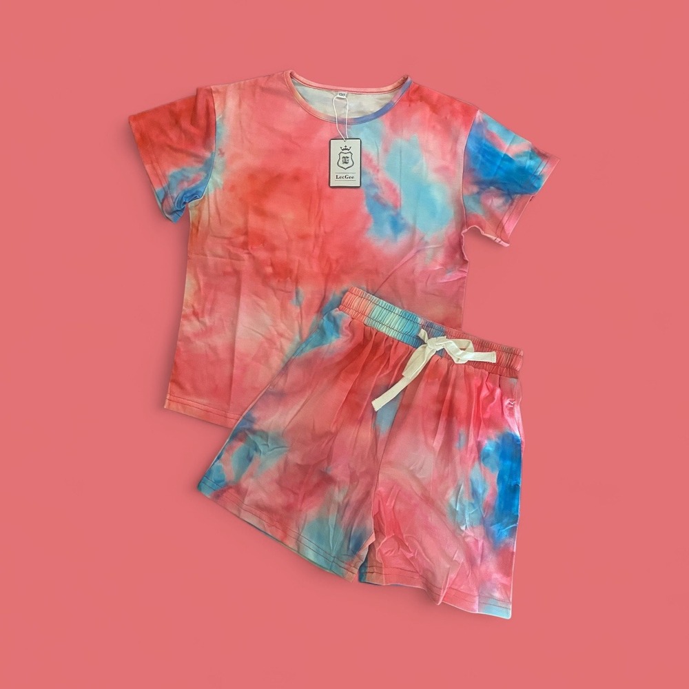 Tie Dye Pink/Blue Loungewear Matching Outfit‎ Short Sleeve Top Shorts-Size 8-10